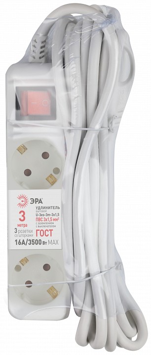 Удлинитель с выключателем ЭРА U-3es-5m 3 розетки 5 м 3х1.5 мм² U-3es-5m-3x1,5