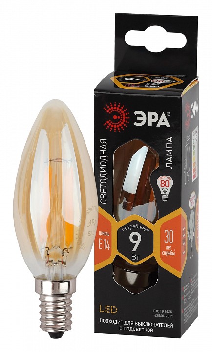 Лампа светодиодная ЭРА E14 9 Вт 2700 K свеча Б0047034
