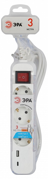 Удлинитель с выключателем Эра  UB-3es-3m-USB