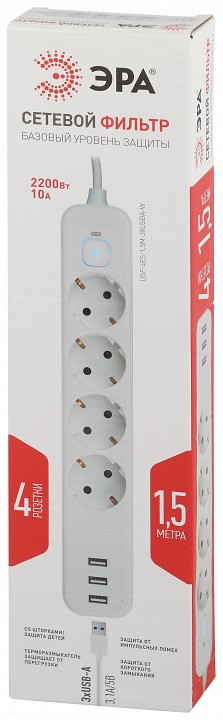 Удлинитель с выключателем ЭРА USF-4es-1,5m-3xUSBA-W 4 розетки 1.5 м 3xUSB-A белый USF-4es-1,5m-3xUSBA-W
