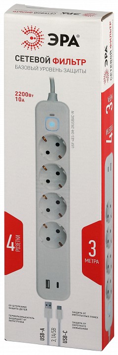 Удлинитель с выключателем Эра  USF-4es-3m-2xUSBAC-W