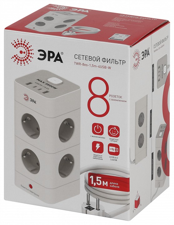 Сетевой фильтр Эра  TWR-8es-1,5m-4USB-W