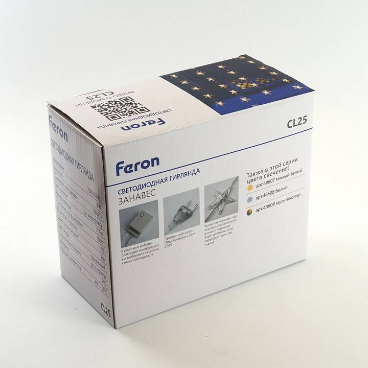 Занавес световой Feron CL25 2x6 м 640 LED белый свет черный провод 48607