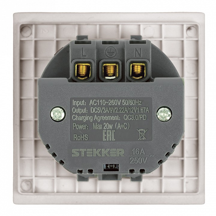 Розетка с заземлением и со шторкой и 2хUSB type A и C, без рамки Stekker Мия 50482