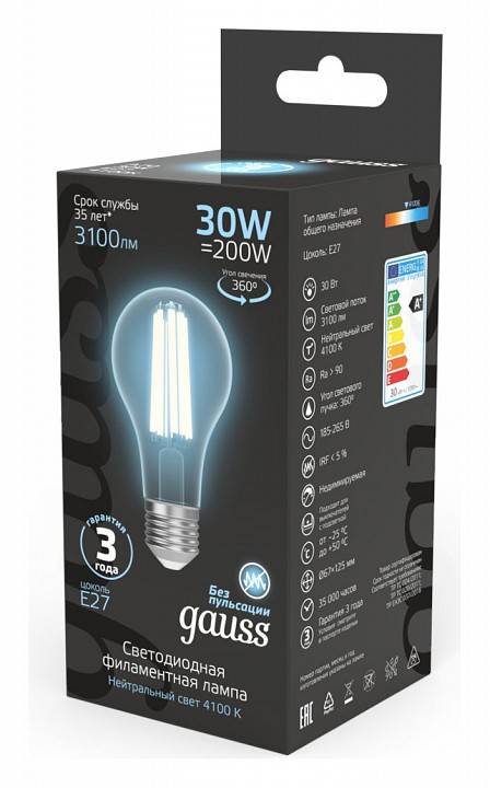 Лампа светодиодная Gauss Filament A70 E27 30 Вт 4100 K 102902230
