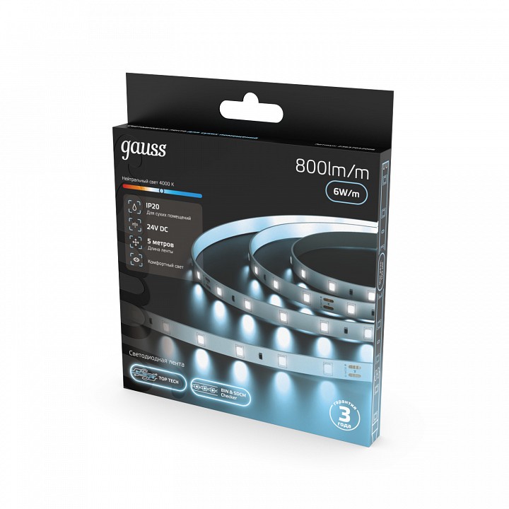 Лента светодиодная Gauss 6 Вт/м 12 В IP20 4000 К 5 м 23637042006