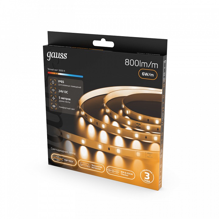 Лента светодиодная Gauss 6 Вт/м 12 В IP65 3000 К 5 м 23637432006
