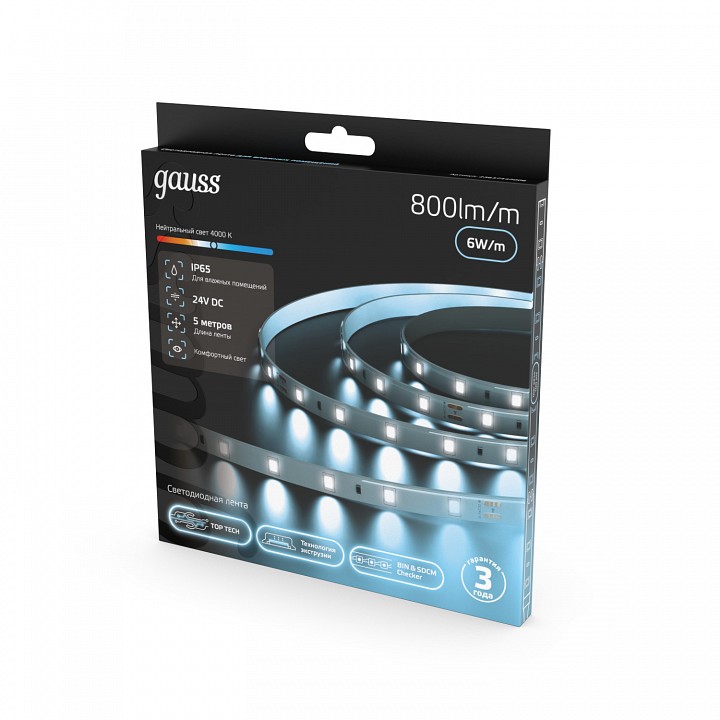 Лента светодиодная Gauss 6 Вт/м 12 В IP65 4000 К 5 м 23637442006