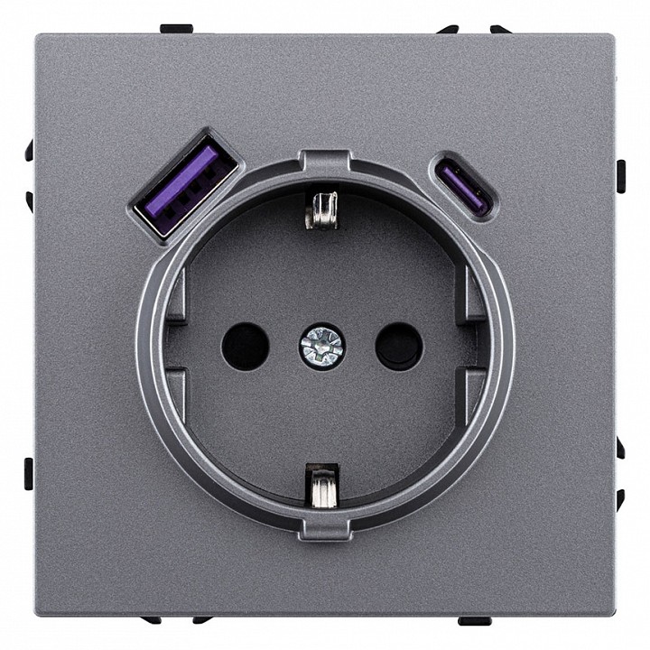 Розетка с заземлением и со шторкой и 2хUSB type A и C, без рамки Kollinger Eclipse EC-016GY