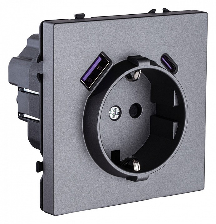 Розетка с заземлением и со шторкой и 2хUSB type A и C, без рамки Kollinger Eclipse EC-016GY