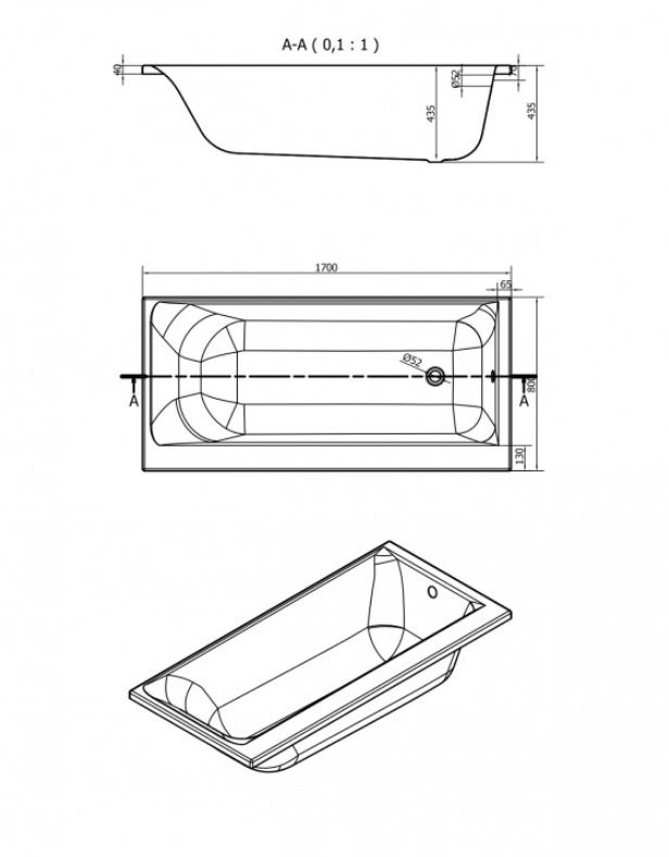 Ванна акриловая прямоугольная Cersanit SMART 170x80 см левая 63350