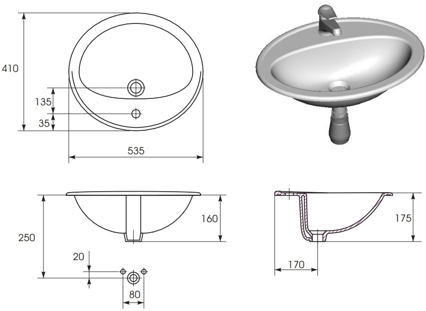 Раковина встраиваемая снизу Cersanit CALLA 54 1 отверстие S-UM-Cl/1-w
