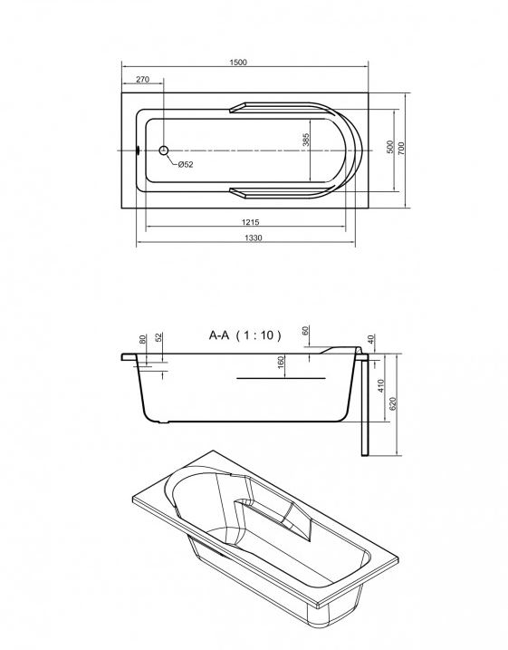 Ванна акриловая прямоугольная Cersanit SANTANA 150x70 см 63349