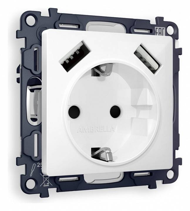 Розетка с заземлением и со шторкой и 2хUSB type A, без рамки Ambrella Volt Quant MA109010