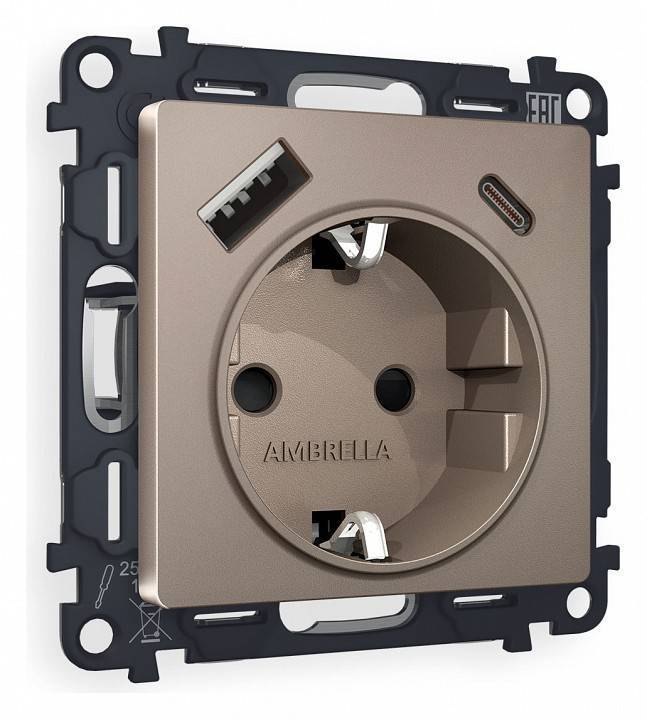 Розетка с заземлением и 2хUSB type A и C, без рамки Ambrella Volt Quant MA640010