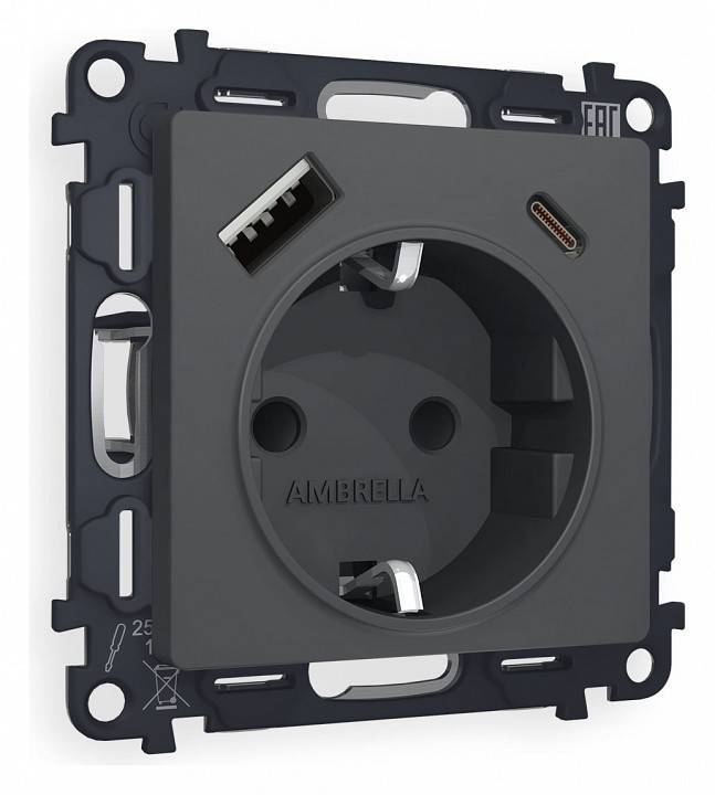 Розетка с заземлением и 2хUSB type A и C, без рамки Ambrella Volt Quant MA910010