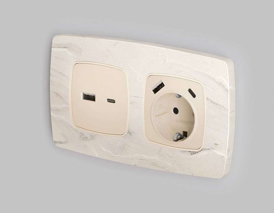 Накладка для розетки с заземлением и со шторками и 2хUSB type A и C Ambrella Volt Quant OP3100
