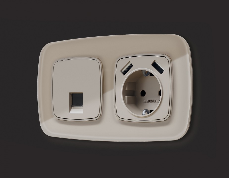 Накладка для розетки с заземлением и со шторками и 2хUSB type A Ambrella Volt Quant OP3690