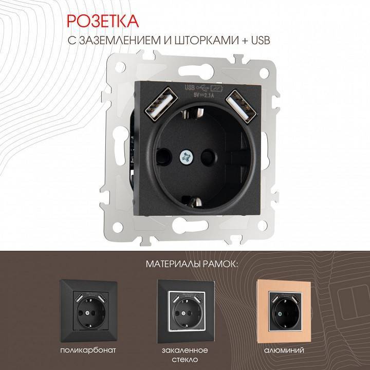 Розетка с заземлением и со шторкой и 2хUSB, без рамки Arte Milano am-203 203.47-1.black