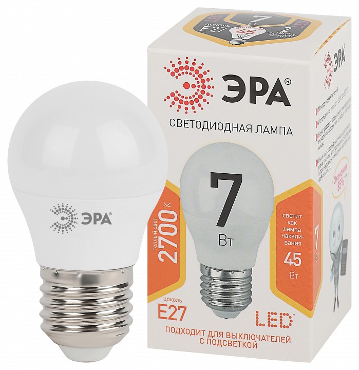 Лампа светодиодная Эра Стандарт LED P45-7W-827-E27