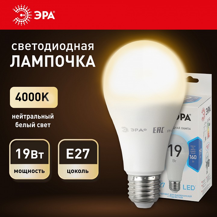 Лампа светодиодная Эра Стандарт LED A65-19W-840-E27