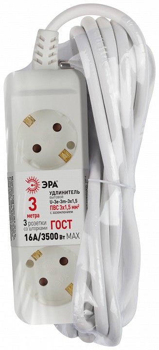 Удлинитель ЭРА U-3e 3 розетки с заземлением 3 м 3х1.5 мм² U-3e-3m-3x1,5