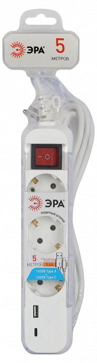 Удлинитель с выключателем ЭРА UB-3es-5m-USB 3 розетки 5 м 2xUSB UB-3es-5m-USB