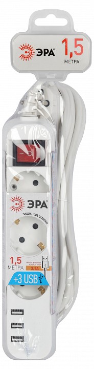 Удлинитель с выключателем Эра  U-3es-1,5m-USB