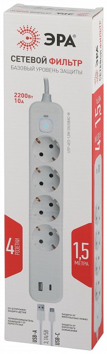Удлинитель с выключателем ЭРА USF-4es-1,5m-2xUSBAC-W 4 розетки 1.5 м USB-A+C белый USF-4es-1,5m-2xUSBAC-W