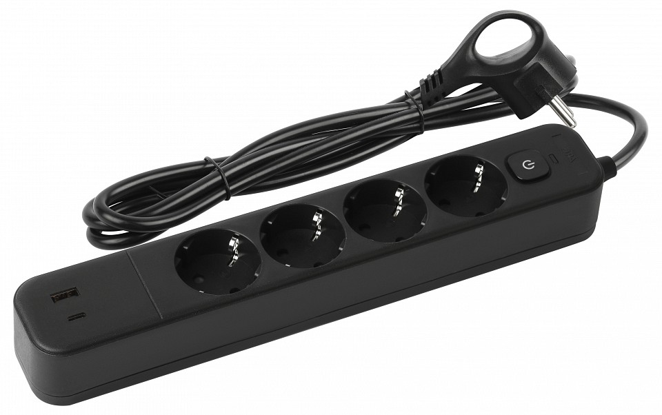Удлинитель с выключателем ЭРА USF-4es-1,5m-2xUSBAC-B 4 розетки 1.5 м USB-A+C черный USF-4es-1,5m-2xUSBAC-B