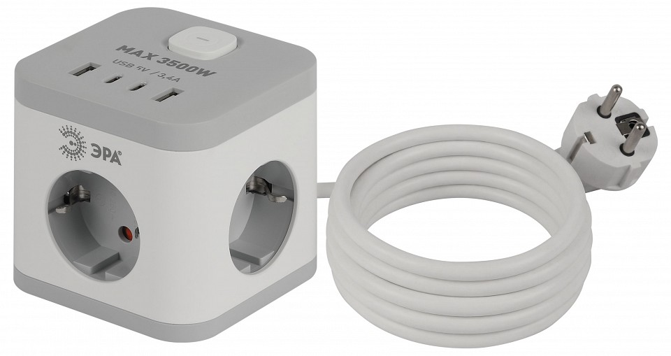 Удлинитель с выключателем Эра  CUBE-3es-1,5m-4USB-W