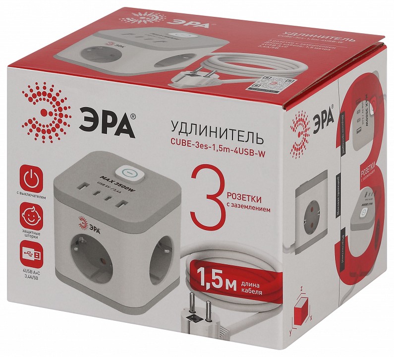 Удлинитель с выключателем Эра  CUBE-3es-1,5m-4USB-W