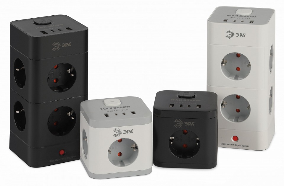 Удлинитель с выключателем Эра  CUBE-3es-1,5m-4USB-W