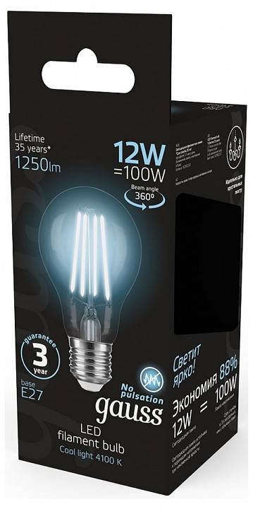 Лампа светодиодная Gauss Filament A60 E27 12 Вт 4100 K 102902212