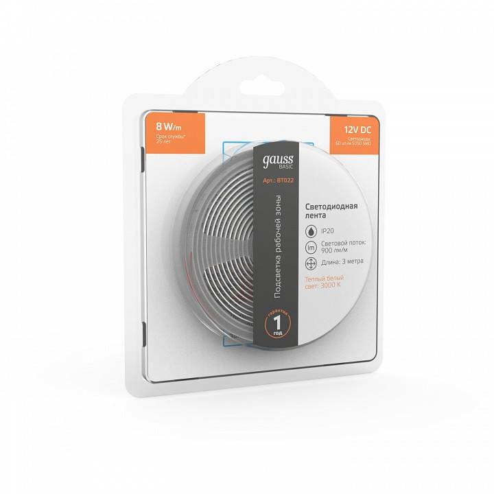 Лента светодиодная Gauss Basic 14.4 Вт/м 12 В IP20 4000 К 5 м BT022