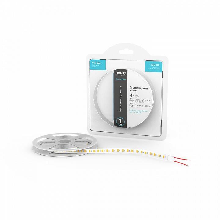 Лента светодиодная Gauss Basic 9.6 Вт/м 12 В IP65 4000 К 5 м BT065