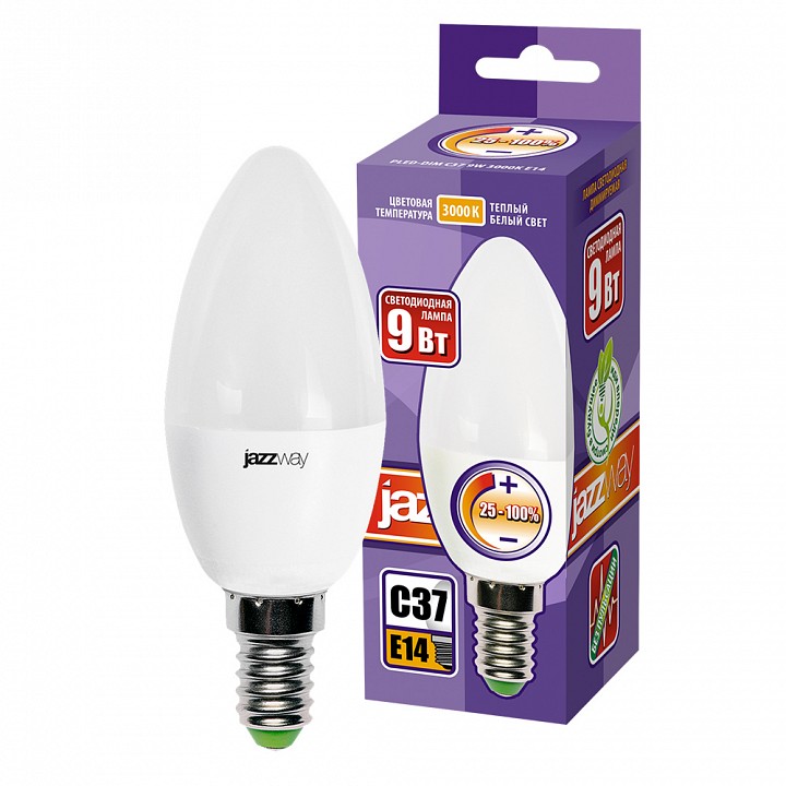 Лампа светодиодная Jazzway  PLED- DIM C37  9w 3000K E14