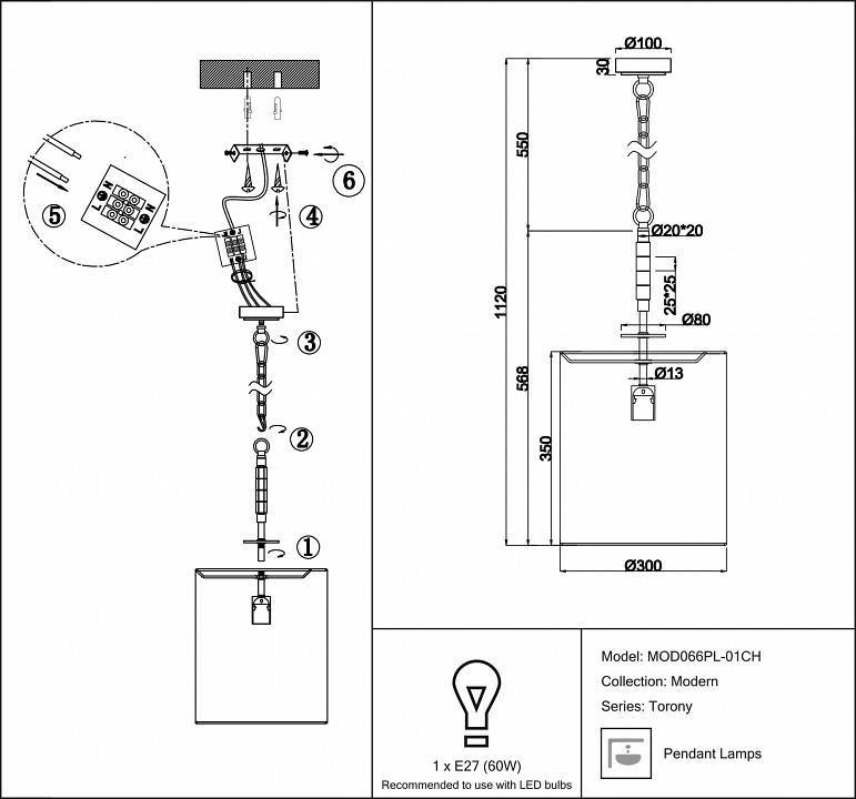 Подвесной светильник Maytoni Torony 1xE27 MOD066PL-01CH