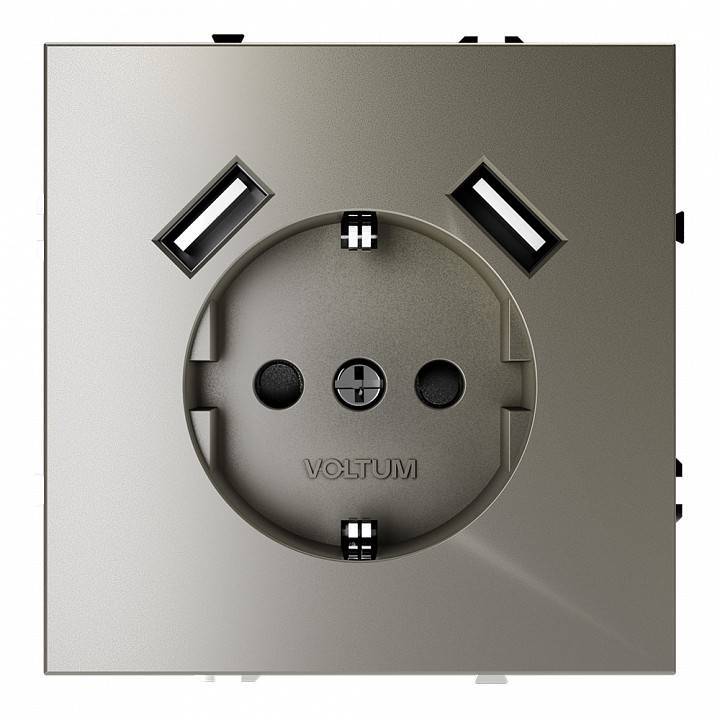 Розетка с заземлением и со шторкой и 2хUSB type A, без рамки Voltum S70 VLS040404