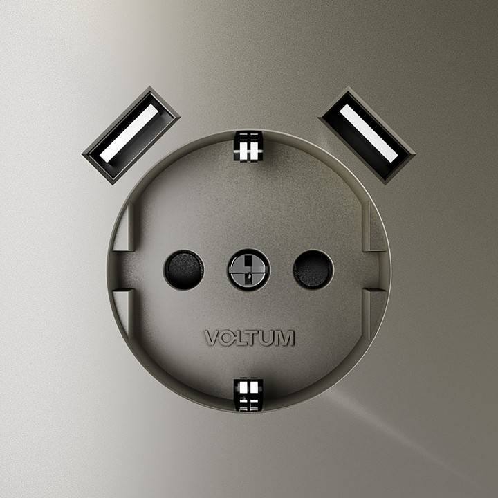 Розетка с заземлением и со шторкой и 2хUSB type A, без рамки Voltum S70 VLS040404