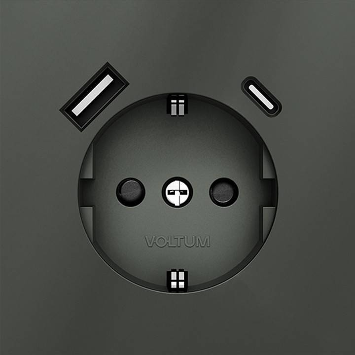 Розетка с заземлением и со шторкой и 2хUSB type A и C, без рамки Voltum S70 VLS040506